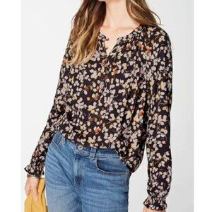 J. Jill Women's Size XL Artistic Leaves Print Popover Viscose Black Blouse